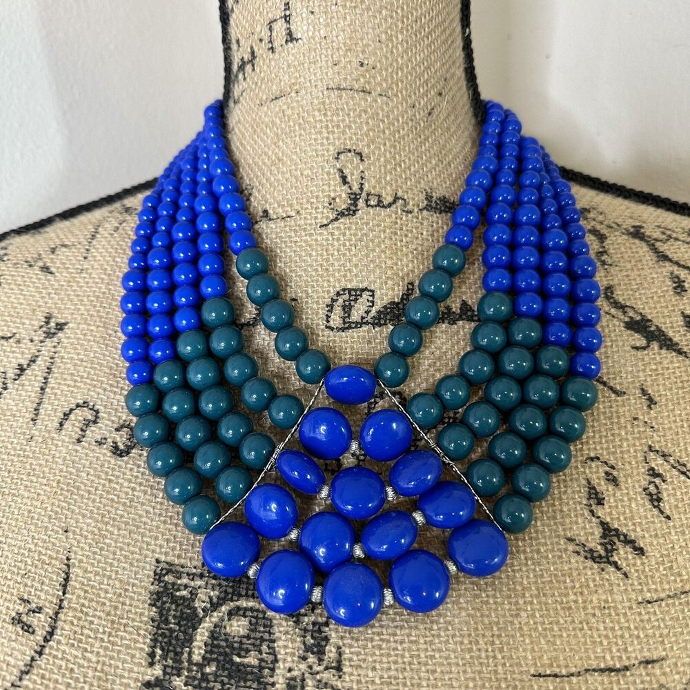 5 Strand Statement Necklace Beaded‎ Green Blue Lightweight Fashion Jewelry